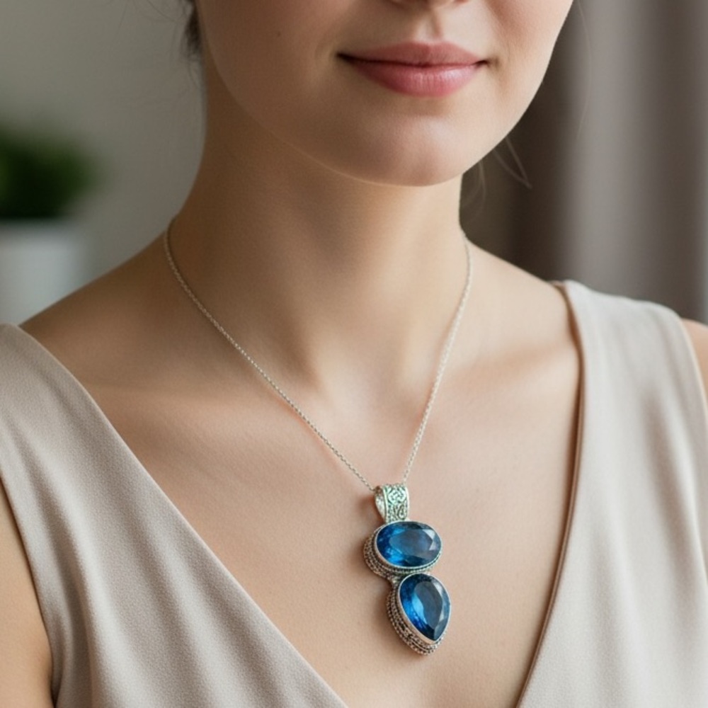 Sterling Silver Blue Topaz Pendant Gemstone Charm Necklace, Handmade